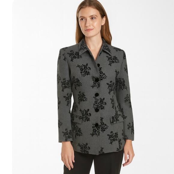 Vintage Pure Wool Velvet Flocked Blazer Sz 8P Gray Black Button Up Floral 90s - Picture 1 of 15